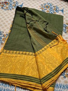 Green &amp; Gold pure  begampuri khadi cotton saree wi