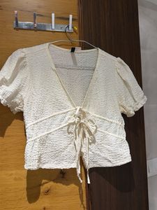 Cream Textured Tie-Front Crop Top