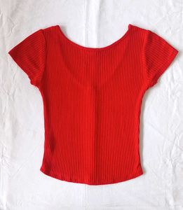Red Ribbed Button-Front Top