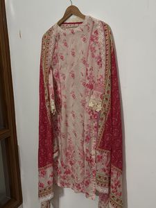 Pink Floral Print Kurta with Lace