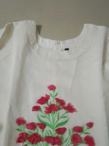 White Top with Embroidered Pink Flowers
