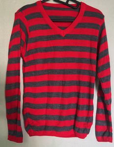 Red &amp; Grey Striped V-Neck Sweater