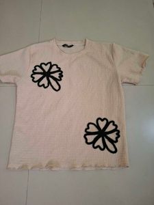 Cream Textured Top with Black Flower Applique