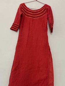 Elegant Red Kurta with Embellished Neckline-s