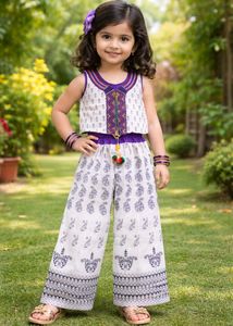 Elegant White &amp; Purple Printed Kurta Set