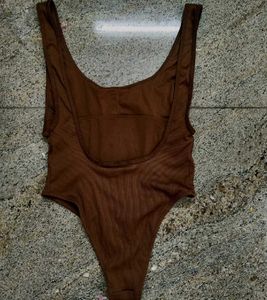 Brown High-Cut One-Piece bodysuit