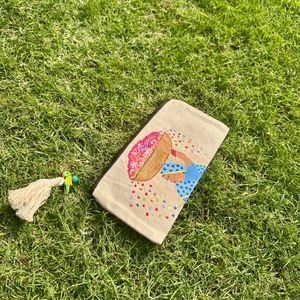 Hand-Painted Floral Pouch with parrot Tassel