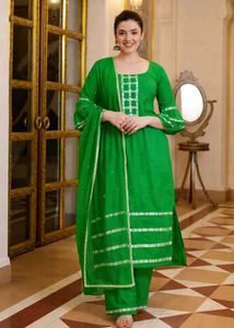 Elegant Green Suit with Silver Lace Work