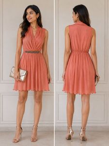 Elegant Peach Embellished Waist Dress