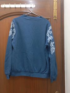 Blue Bomber Jacket with Leaf Embroidery