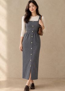 Grey Button-Front Midi Dress