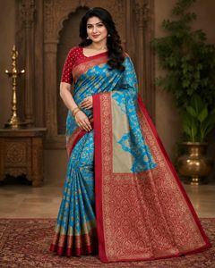 Elegant Turquoise Blue Floral Woven Saree with Mag