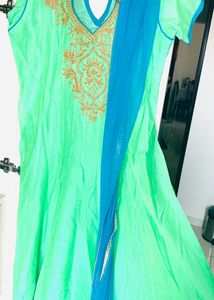 Mint Green &amp; Blue Embroidered Ethnic Gown/anarkali