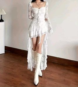 y2k Elegant White Lace Ruffle Dress