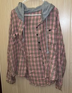 Pink Plaid Hooded Button-Up Shirt