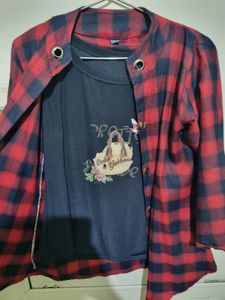 Stylish Red N Black Checked Shirt Women With Tee