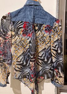 Unique Denim &amp; Print Fringe Shirt