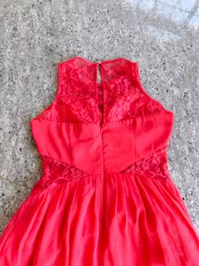 Elegant Coral Maxi Dress with Lace Detail