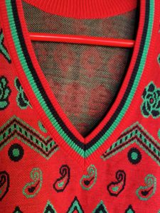 Vintage Red Patterned V-Neck Sweater