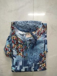 Boho Floral Print chrochet dusty blueTrim Tunic