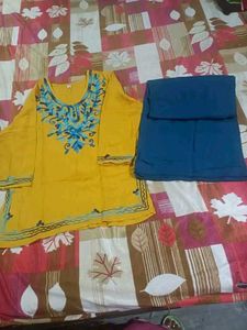 kasmiri work mustered Kurta Set with Blue Embroide