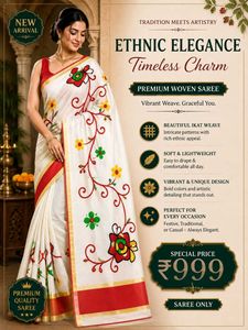 Elegant White Saree with Floral Embroidery