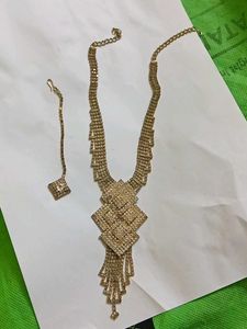Gold Rhinestone Necklace &amp; Maang Tikka Set