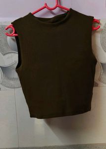 Olive Green Sleeveless Mock Neck Crop Top