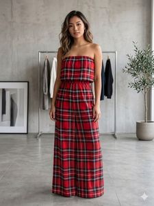 Red Plaid Strapless Wide-Leg Jumpsuit