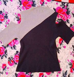 Chic Two-Tone Cold Shoulder Knit Top