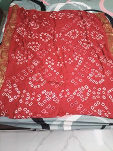 Red Bandhani Saree with Golden Border