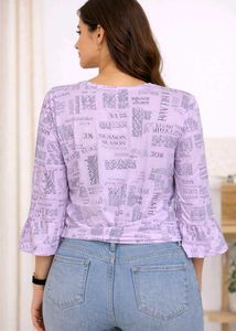 Newspaper Print Tie-Front Bell Sleeve Top (pink)
