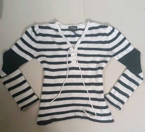 Striped Lace-Up Long Sleeve Top