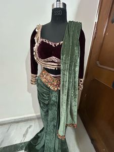 Elegant Green Velvet drape saree