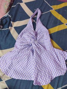 purple Gingham Halter Neck Peplum Top