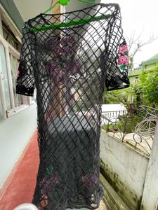 Black Net Kurta with Floral Embroidery
