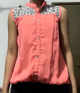 Coral Top with Geometric Print Yoke