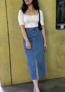 Blue Denim Midi Skirt with Slit