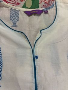 White Kurta with Blue Block Print