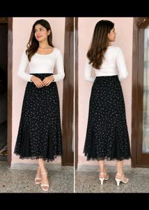 Floral Net High-Waisted Maxi Skirt (Waist 28")