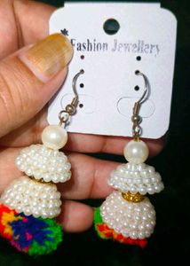 Beaded Jhumka Earrings with Pom Po