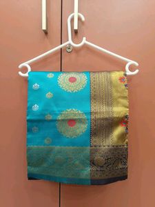 New/Unused Blue Saree with Gold Border