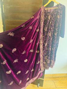 Velvet Embroidered Kurta with Shawl