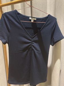 Navy Blue Ruched V-Neck Top