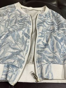 Light Blue Leaf Print Bomber Jacket