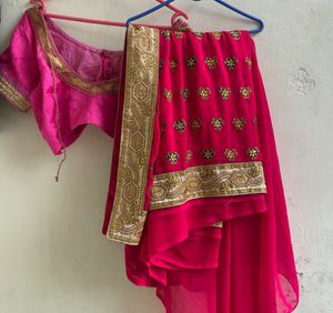 heavy Vibrant Pink Saree with Embellished Blouse