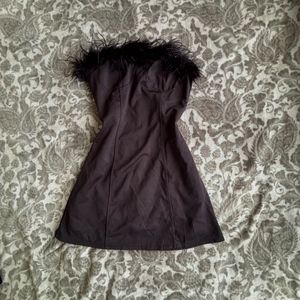 Black Feather Trim Strapless Dress