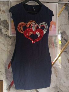 Navy Blue Dress with Sequin Hearts