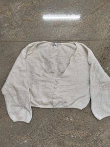ZARA White Textured Button-Up Crop Top