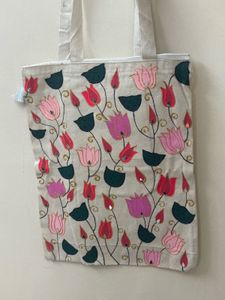 lotus print hand painted tote bag